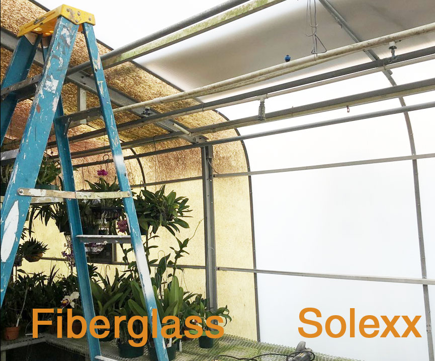 Orchid greenhouse florida showing a fiberglass siding vs Solexx panels