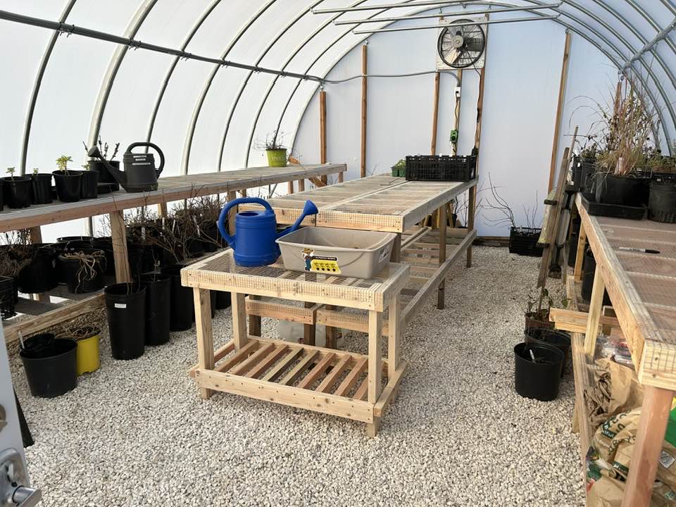 Wood frame benches topped with chicken wire. Center benches help optimize the space.