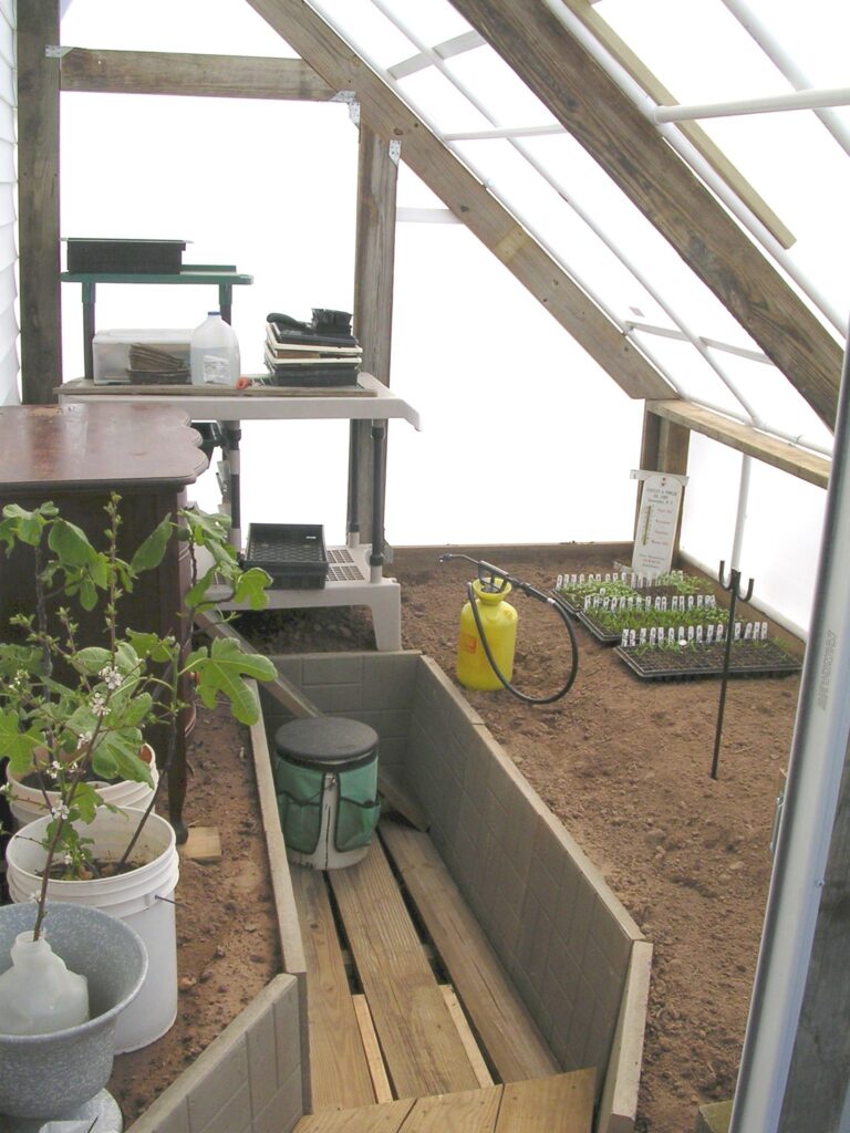 Inside a custom greenhouse kit covered with solexx greenhouse plastic that is attached to a house.